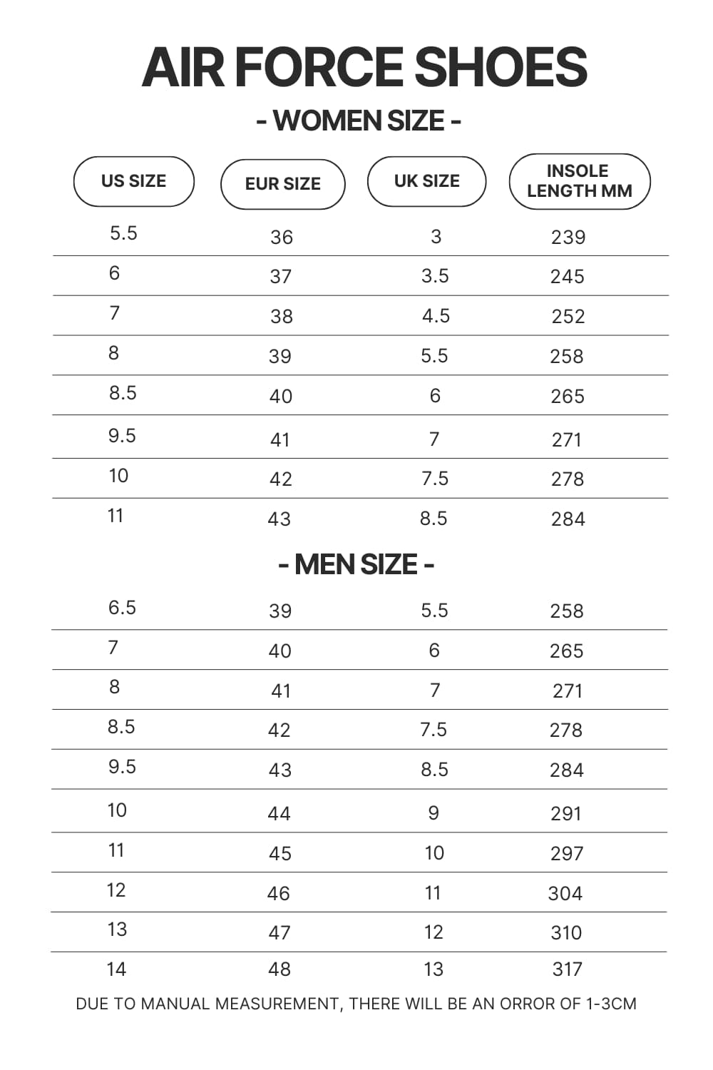 Air Force Shoes Size Chart - Naruto UK Shop