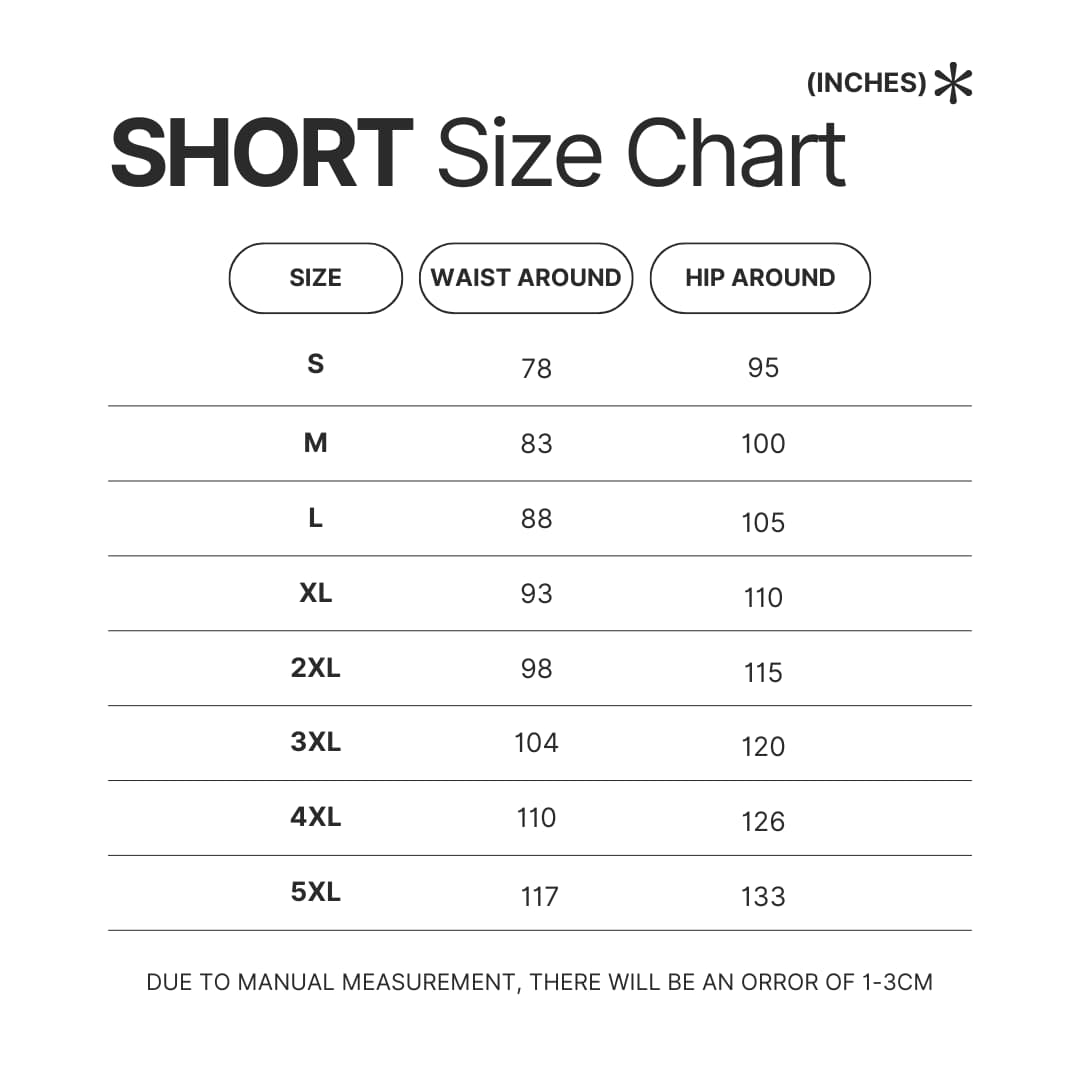 Short Size Chart - Naruto UK Shop