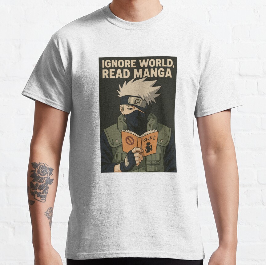 Ignore World Read Manga Kakashi Hatake Funny Anime Design T-shirt - Image 2