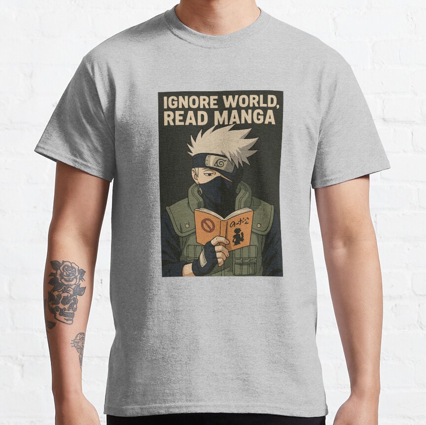 Ignore World Read Manga Kakashi Hatake Funny Anime Design T-shirt - Image 4