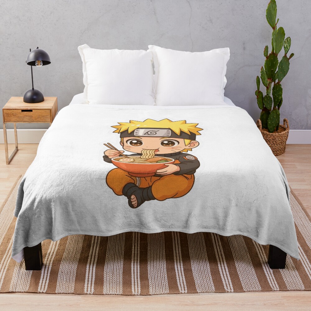 Chibi Naruto Eating Ramen Cute Anime Style Sticker Throw Blanket