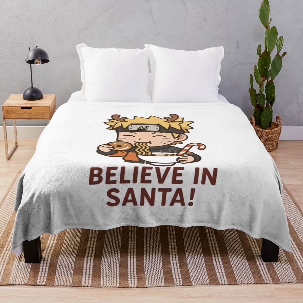Chibi Naruto Christmas Believe In Santa Cute Holiday Ramen Design Throw Blanket