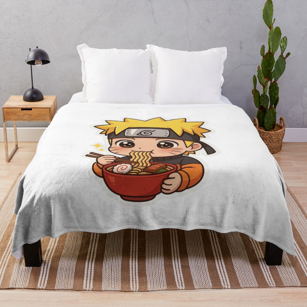 Chibi Naruto Eating Ramen Cute Anime Style Throw Blanket