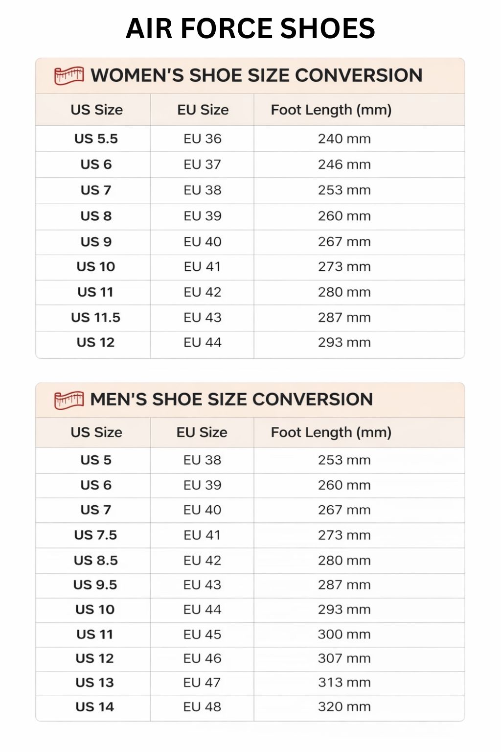 Air Force Shoes Size Chart - Naruto UK Shop