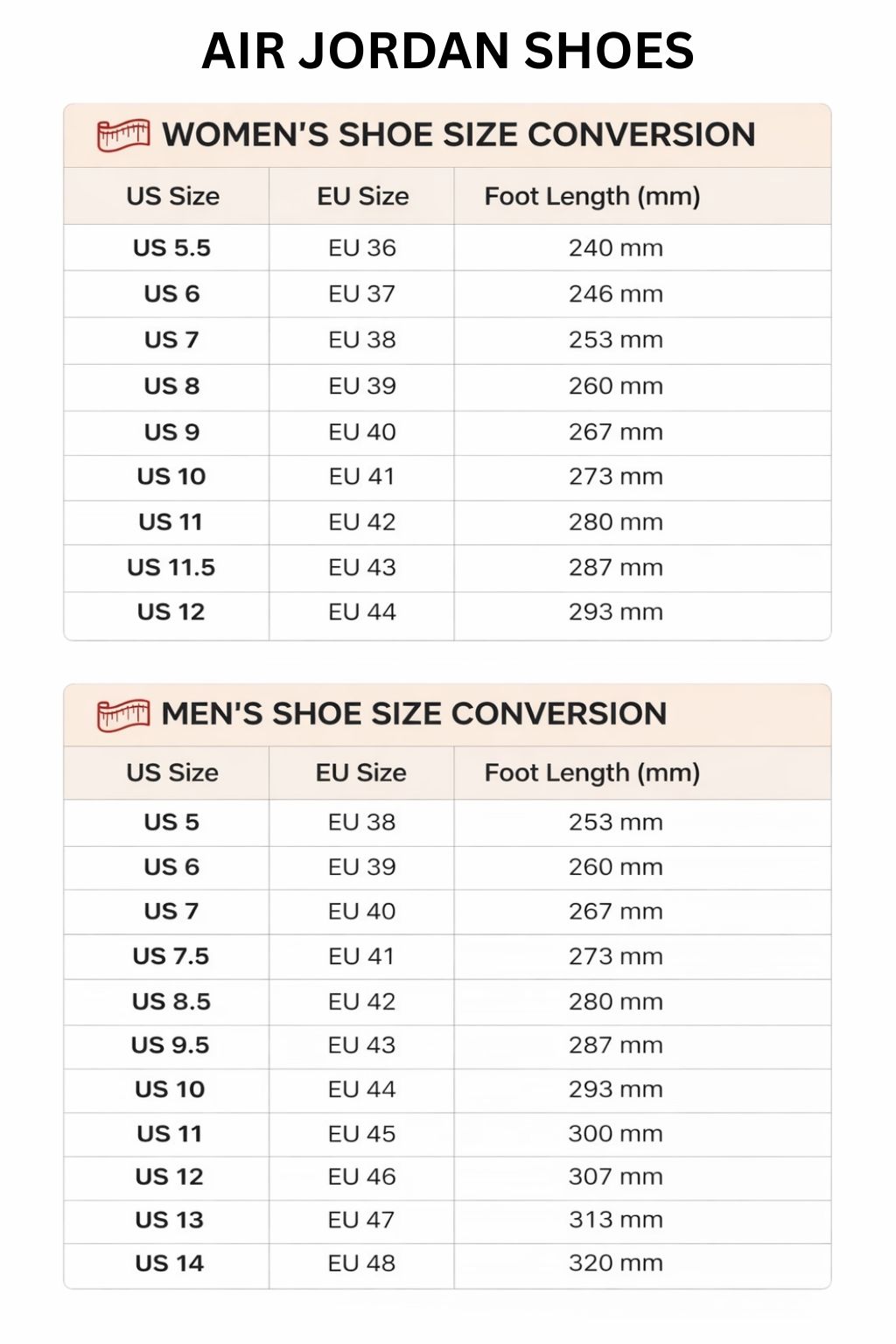 Air Jordan High Low Top Shoes Size Chart - Naruto UK Shop